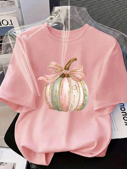 Camiseta de manga corta casual de talla grande para mujer, estampado de calabaza de dibujos animados, top ligero, estilo de verano rosa
