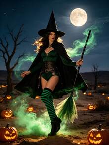 Women Halloween Witch Costume Accessory Set, Pointed Witch Hat & Tulle Broom Prop, Cosplay Fancy Dress Supplies For Halloween Party Masquerade - Multicolor - View 8