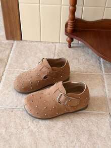 Children's Matte Rhinestone Casual Loafers, Girls' Metal Buckle Soft Sole Vintage Shoes - Camel - View 5