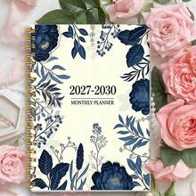 DANPERJI 1pc A5 2027-2030 4-Year Monthly Journal Planner, Cream Background Navy Floral Peony Plant Agenda Notebook, Back To School Essentials, Classic Botanical Vibe, Classroom Monthly Task Record Notebook - A - View 4