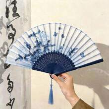 1pc Women's Chinese Style Folding Fan, Foldable Bamboo Hand Fan, Paper Hand Fan, Each Fan Face Color, Pattern, And Position Differ, Randomly Sent - Multicolor - View 3