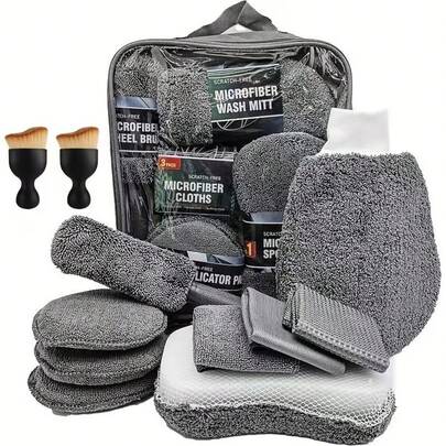 Kit de limpieza para automóvil de 11 piezas, incluye cepillo para neumáticos, guante de limpieza de microfibra, almohadilla gruesa y súper absorbente para eliminar arañazos y esponja de detalle para cuidado interior y exterior del automóvil, paño profesional para estética automotriz, material de alta absorción