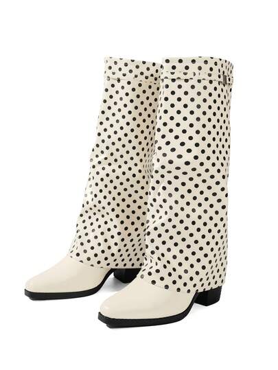 Women's Elegant Polka Dot Upper Design Fold-Over Slip-On Knee-High Boots With Thick Heel, Plus Size, Sexy Versatile Everyday Boots For Skirts, All Season, Music Festival, Slimming Fashion High Heel Boots