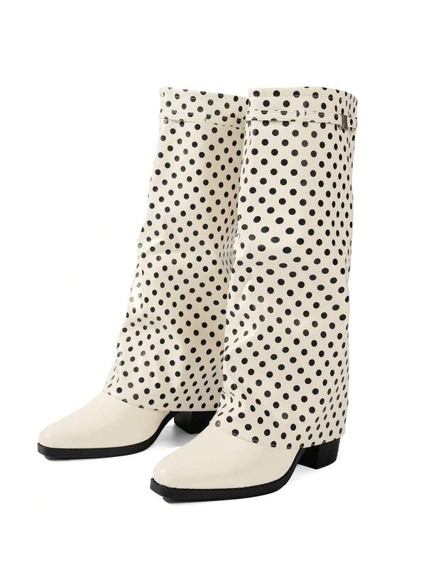 Women's Elegant Polka Dot Upper Design Fold-Over Slip-On Knee-High Boots With Thick Heel, Plus Size, Sexy Versatile Everyday Boots For Skirts, All Season, Music Festival, Slimming Fashion High Heel Boots