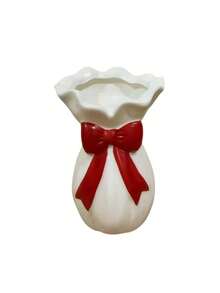 1pc White Bow Vase, Ruffled Rim Ribbed Flower Vase, Cute Pink/Red Bow Decor, Aesthetic Home Living Room Bedroom Tabletop Shelf Decor, Elegant Floral Arrangement Gift Vase - Multicolor - View 13