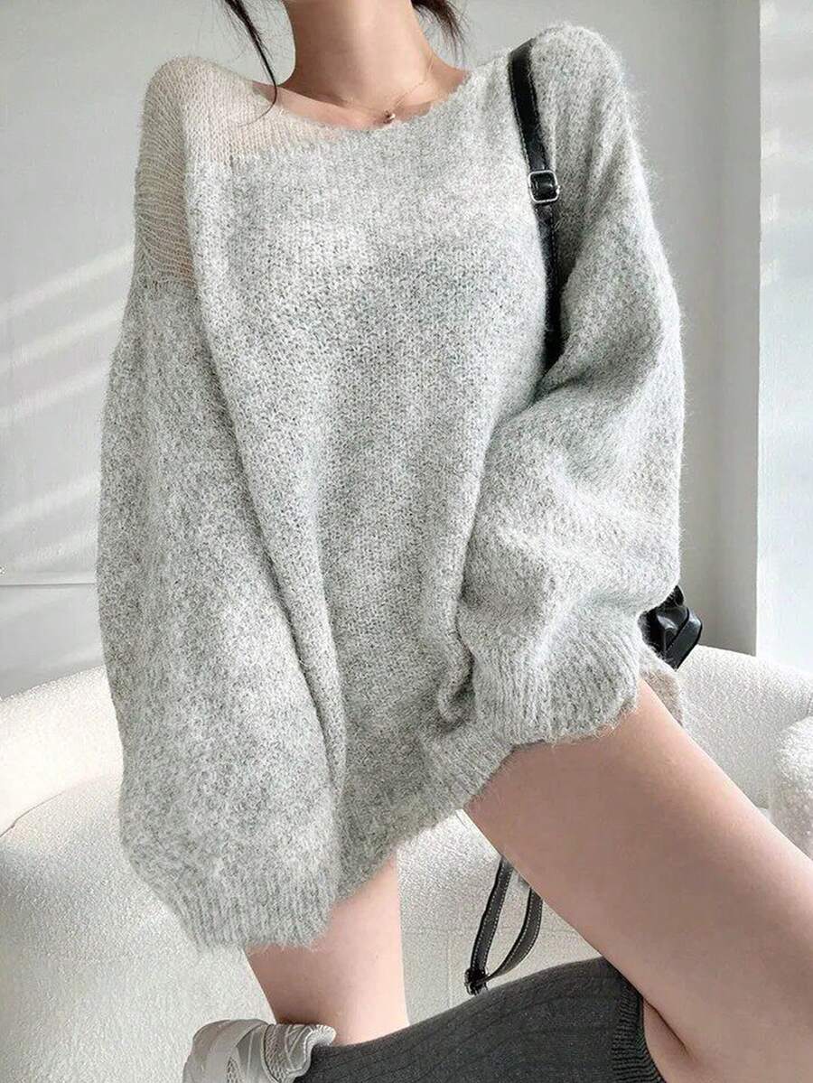Women's Designer Long Sleeve Sweater, Slouchy Base Layer Top - Light Grey - View 1