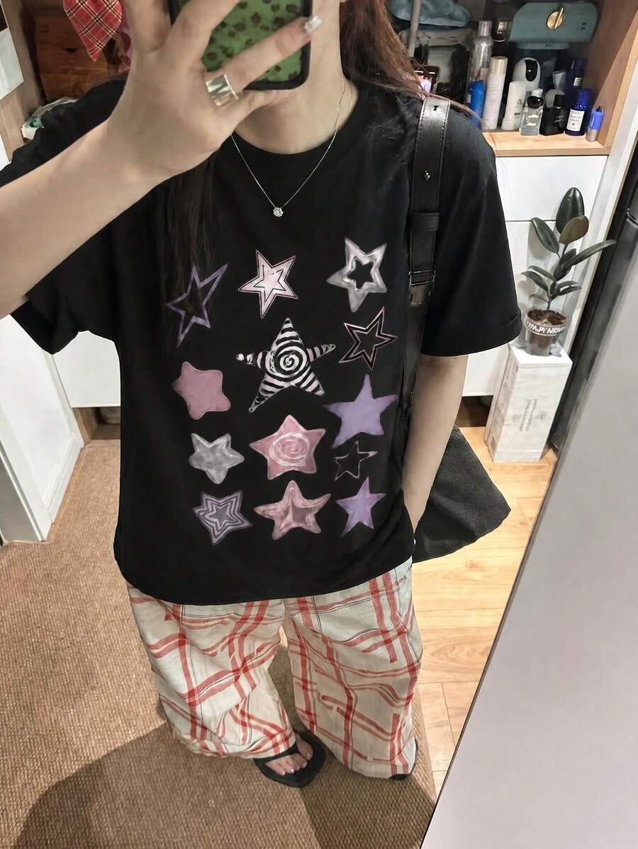 Y2K甜酷風女款圓領休閒寬鬆短袖T恤,復古星星印花,黑色夏季上衣 - 黑色 - 查看 1