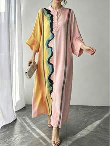 1pc Women's Multi-Color Geometric Line Print Craft Small Stand Collar Single-Breasted Raglan Sleeve Super Loose Long Pullover Casual Dress Elegant Dress Luxury Holiday Evening Party Gown Loose Robe Perfect Vacation Holiday Gift For Mom Daughter Wife Girlfriend - Multicolor - View 5