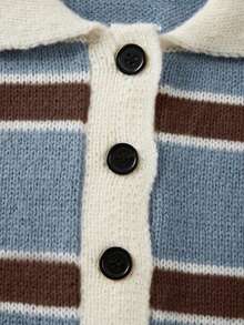 Women's Blue Striped Front Button Cardigan Sweater, Long Sleeve V-Neck Pullover, Ribbed Trim, Casual Autumn/Winter Knit Top, Suitable For Daily Wear - Blue - View 7