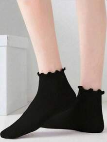 5 Pairs Women's Solid Color Sweet Cute Japanese Style Black Thin Ruffle Socks - Multicolor - View 2