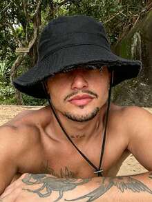 1pc Men's Drawstring Brim Bucket Hat, Adjustable Chin Strap Design, Distressed Effect Surface, Soft Fabric, Sun Protection And Windproof, Fashionable And Versatile, Suitable For Travel, Beach Leisure And Daily Wear - Multicolor - View 12