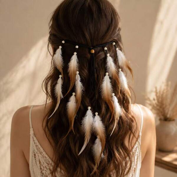 Băng đô lông vũ phong cách Bohemian Hippie, phụ kiện tóc lông vũ có thể điều chỉnh, phù hợp cho phụ nữ và bé gái