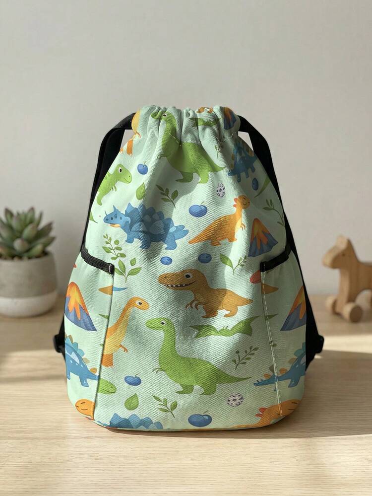 1 pieza Mochila con cordón, universal para múltiples escenarios, capacidad extra grande, ultraligera y portátil, duradera, de alta estética, bolsa de almacenamiento plegable, mochila deportiva con cordón con estampado de dinosaurio de dibujos animados, almacenamiento a prueba de polvo, adecuada para viajes al aire libre, fitness, desplazamientos diarios y uso escolar - Multicolor - Añade 16
