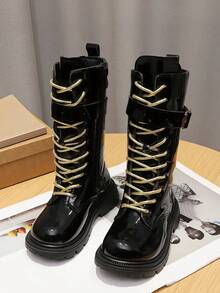 Girls' Long Boots, Autumn/Winter New Style, Children's High-Top Boots, Thick Sole Motorcycle Boots With Side Zipper, Street Rider Boots, Toddler Boots - Black - View 5