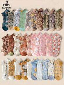 5/10/20/25/30 Pairs Random Women's Vintage 3D Embossed Floral Palace Style Fashion Versatile Comfortable Breathable Short Socks - Multicolor - View 35