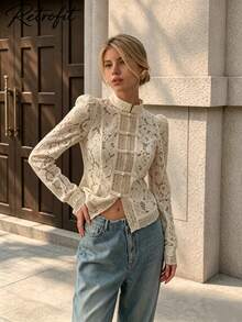 Plus Size Women's Elegant Blouse, Loose Graceful Single-Breasted Top, Apricot Elegant Women's Top With Hollow Lace Design Vacation - 杏色 - 查看 1
