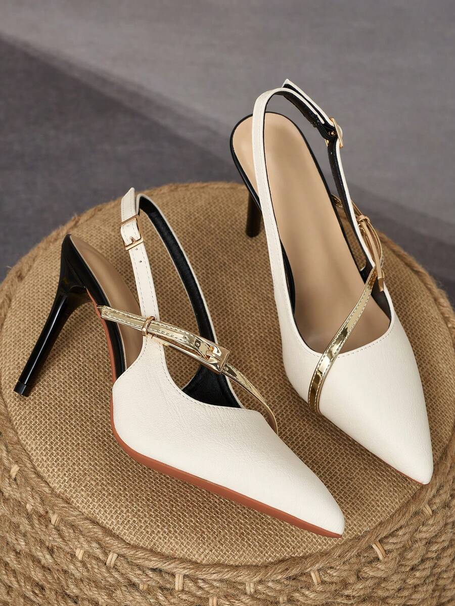 Sandal hak tinggi stiletto minimalis dengan dekorasi emas blok warna, gesper ganda, ujung runcing, tali multi-adjustable, gesper logam depan dan belakang cocok untuk kaki lebar dan sempit, cocok untuk perjalanan sehari-hari sepanjang musim, gaya jalanan perkotaan, dan pakaian pesta formal ringan. - Krem - View 1