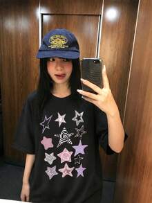 Y2K甜酷風女款圓領休閒寬鬆短袖T恤，復古星星印花，黑色夏季上衣 - 黑色 - 查看 3