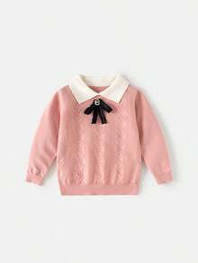 Girls' Turn-Down Collar Sweater, New Autumn/Winter Knit Base Layer - Pink - View 1