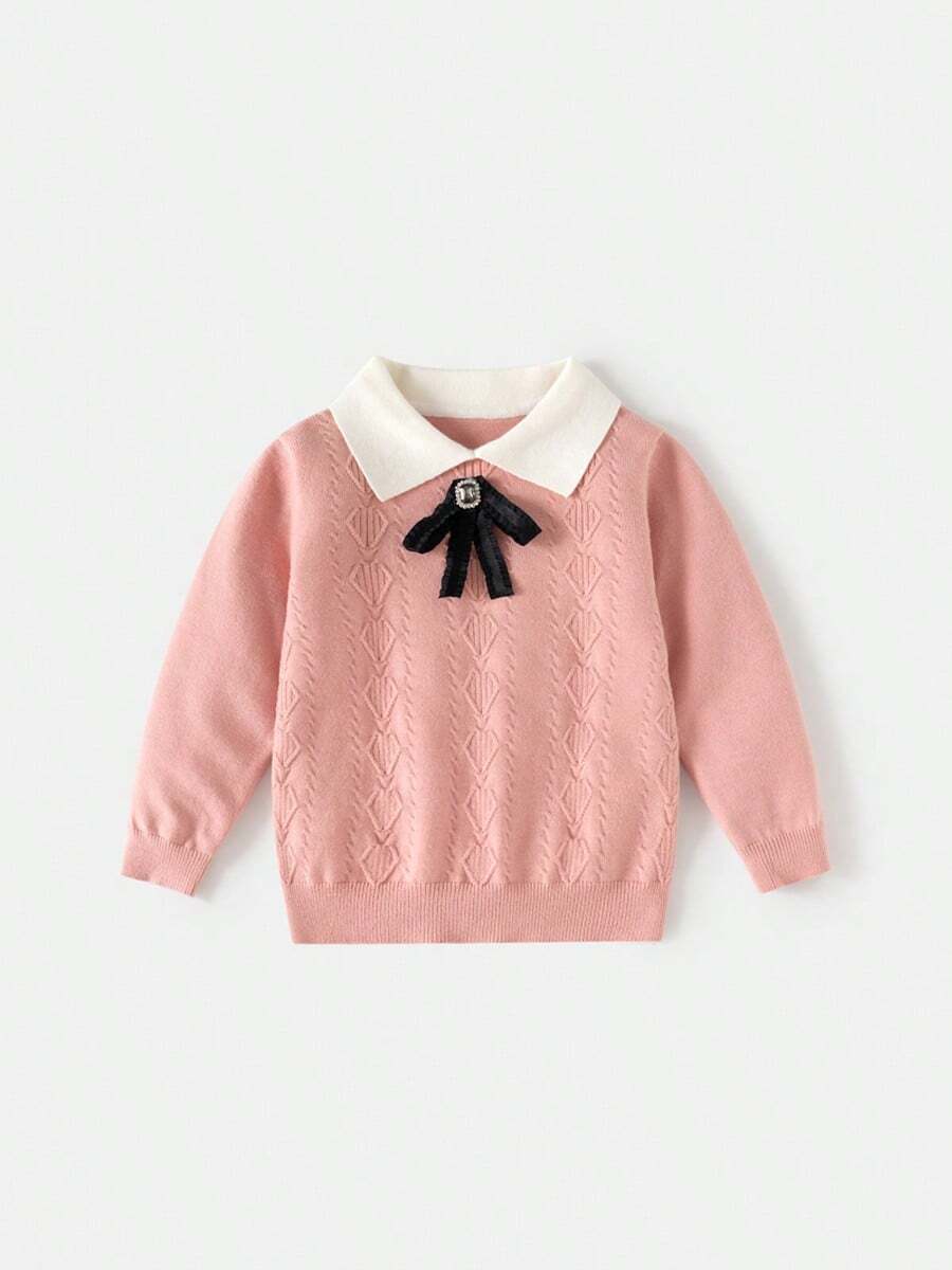 Girls' Turn-Down Collar Sweater, New Autumn/Winter Knit Base Layer - Pink - View 1