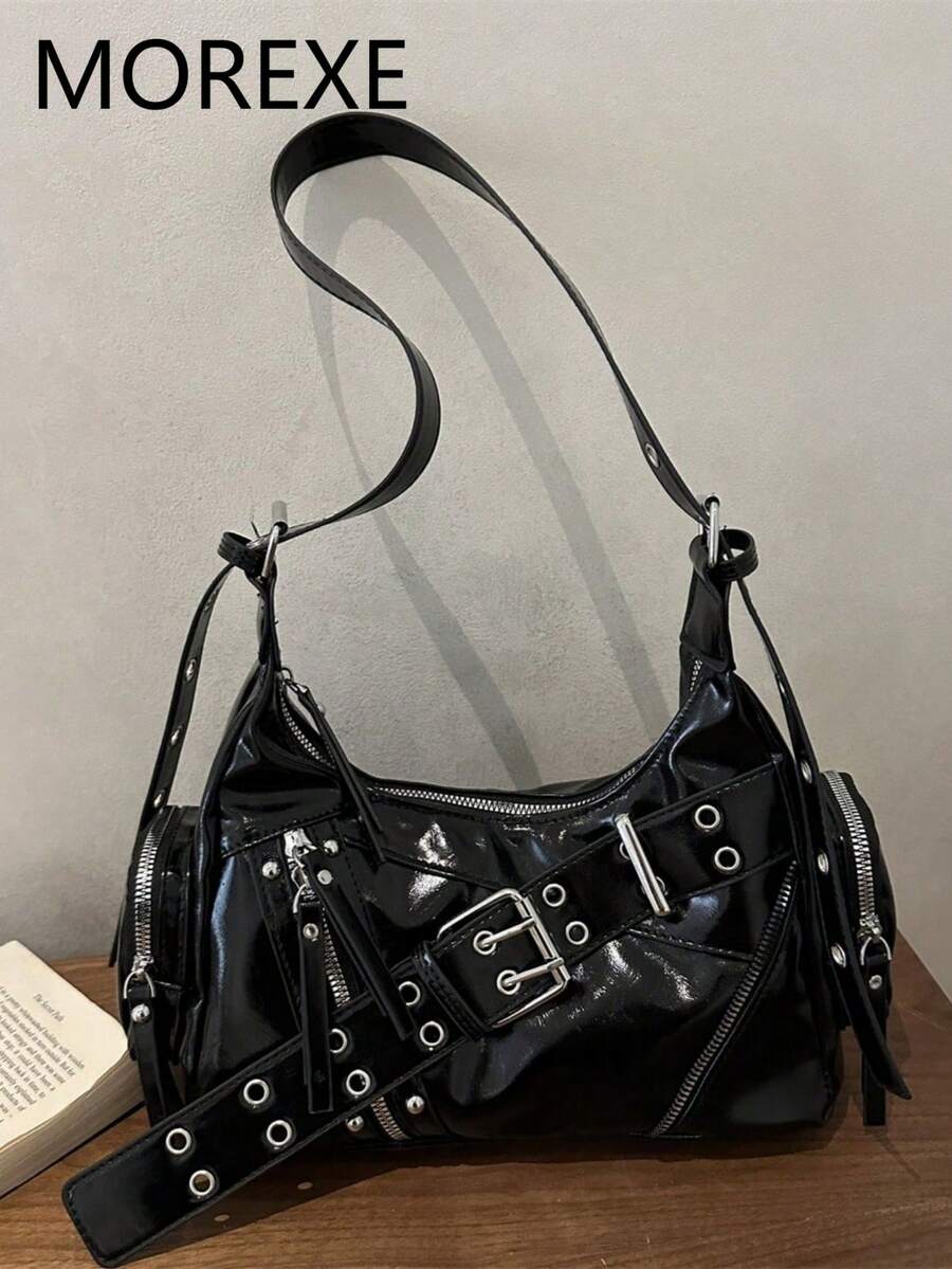 Fashion Women's Bag Studded Motorcycle Bag New Crescent Bag Street Style Versatile Shoulder Bag Underarm Bag - Black - View 1