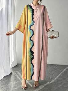 1pc Women's Multi-Color Geometric Line Print Craft Small Stand Collar Single-Breasted Raglan Sleeve Super Loose Long Pullover Casual Dress Elegant Dress Luxury Holiday Evening Party Gown Loose Robe Perfect Vacation Holiday Gift For Mom Daughter Wife Girlfriend - Multicolor - View 2