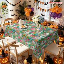 1/2pcs Halloween Tablecloth, Halloween Ghost & Floral Pattern Polyester Tablecloth, Suitable For Dining Room, Dining Table, Coffee Table, Kitchen, Picnic, Camping, Country Farmhouse Decor, Holiday Tabletop Protection - Multicolor - View 6