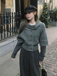 Vintage Lazy Design Women's Premium Elegant Versatile Short Knit Cardigan Sweater Tops - Grey - View 2