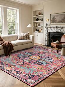 1pc Vintage Distressed Persian Style Rug, Red Bohemian Moroccan Style Comfortable Polyester Fiber, Pink Rug Rectangular Easy Care Washable Area Rug For Living Room, Hallway, Bedside, Sitting Room, Bedroom Home Decor - Multicolor - View 24
