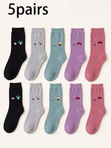 5 Pairs Small Mushroom Solid Color Thick Terry Mid-Calf Socks, Autumn/Winter Daily Commute Casual Versatile Women's Socks - Multicolor - View 12