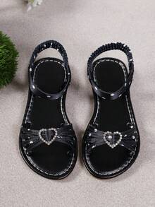 A Pair Of Black Polka-Dot Flat Sandals For Girls, Heart Rhinestone Shoes For Girls, Suitable For Daily Outings And Beach Trips - Black - View 5