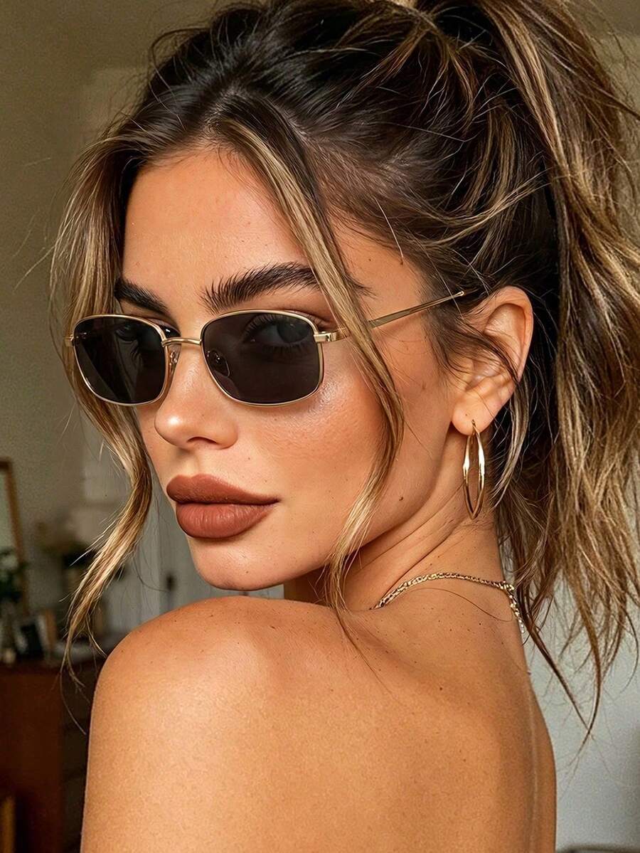 1pc Unisex Retro Gold Rim Small Square Frame Glasses, Suitable For Daily Wear - Multicolor - View 1