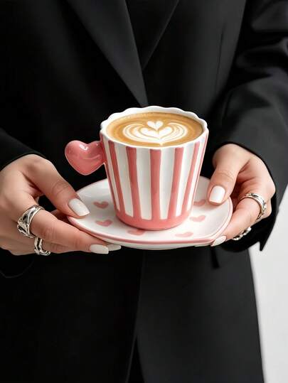 1pc 3D Heart Striped Ceramic Cup And Saucer, Ins Style Fresh Heart Striped Coffee Latte Art Cup And Saucer, Nordic Creative Design Afternoon Tea Dessert Cup And Saucer, Suitable For Restaurant, Living Room, Coffee Shop, Party, Gift