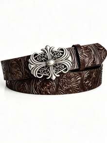 1pc Vintage Men's Belt, Bohemian Style - Fashionable Coffee Color Faux Leather Belt With Vintage Hollow Buckle - Unisex Personalized Fashion Belt, Punk Rock Y2K Style - Versatile For Jeans, Dresses And Casual Wear - Brown - View 1