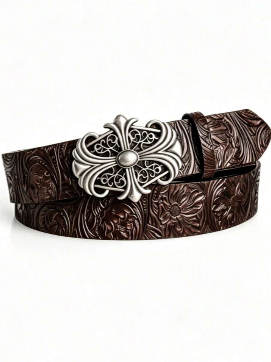 1pc Vintage Men's Belt, Bohemian Style - Fashionable Coffee Color Faux Leather Belt With Vintage Hollow Buckle - Unisex Personalized Fashion Belt, Punk Rock Y2K Style - Versatile For Jeans, Dresses And Casual Wear - Brown - View 1