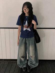 Y2K女款夏季新款休閒寬鬆復古字母印花短袖T恤上衣 - 深藍 - 查看 2
