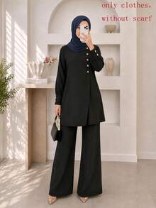 Women's Solid Color Autumn 2-Piece Set, Lantern Sleeve Front Button Short Top & Elastic Waist Flare Pants, Elegant Commute Outfit Black - Black - View 2