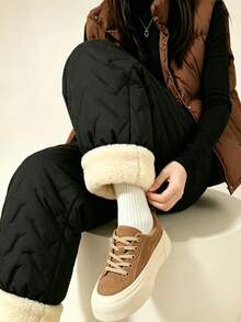 Women's Quilted Thermal Pants, Casual Elastic Waist Drawstring Windproof Pants With Fleece Lined - Black - View 3