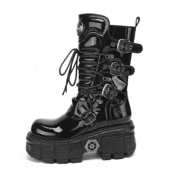 European And American Dark Punk Flame Thick Sole Boots Women Gothic Style Metal Tank Sole Platform Mid-Calf Motorcycle Boots