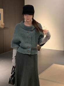 Vintage Lazy Design Women's Premium Elegant Versatile Short Knit Cardigan Sweater Tops - Grey - View 3