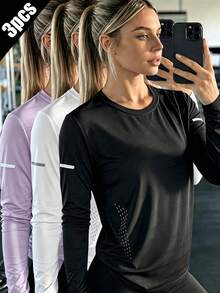 3pcs Women's Mesh Breathable Long Sleeve Tops, Slim Fit Elastic, Outdoor Sun Protection Sports Wear, Suitable For Running, Versatile And Comfortable - Multicolor - View 1