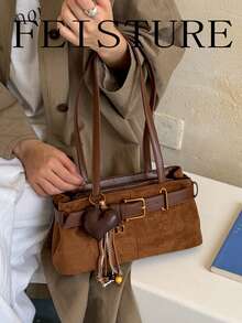 FEISTURE 1件裝時尚麂皮女款腋下單肩包，附肩帶裝飾與愛心結吊飾，適合日常外出、約會、通勤 - 棕色 - 查看 6