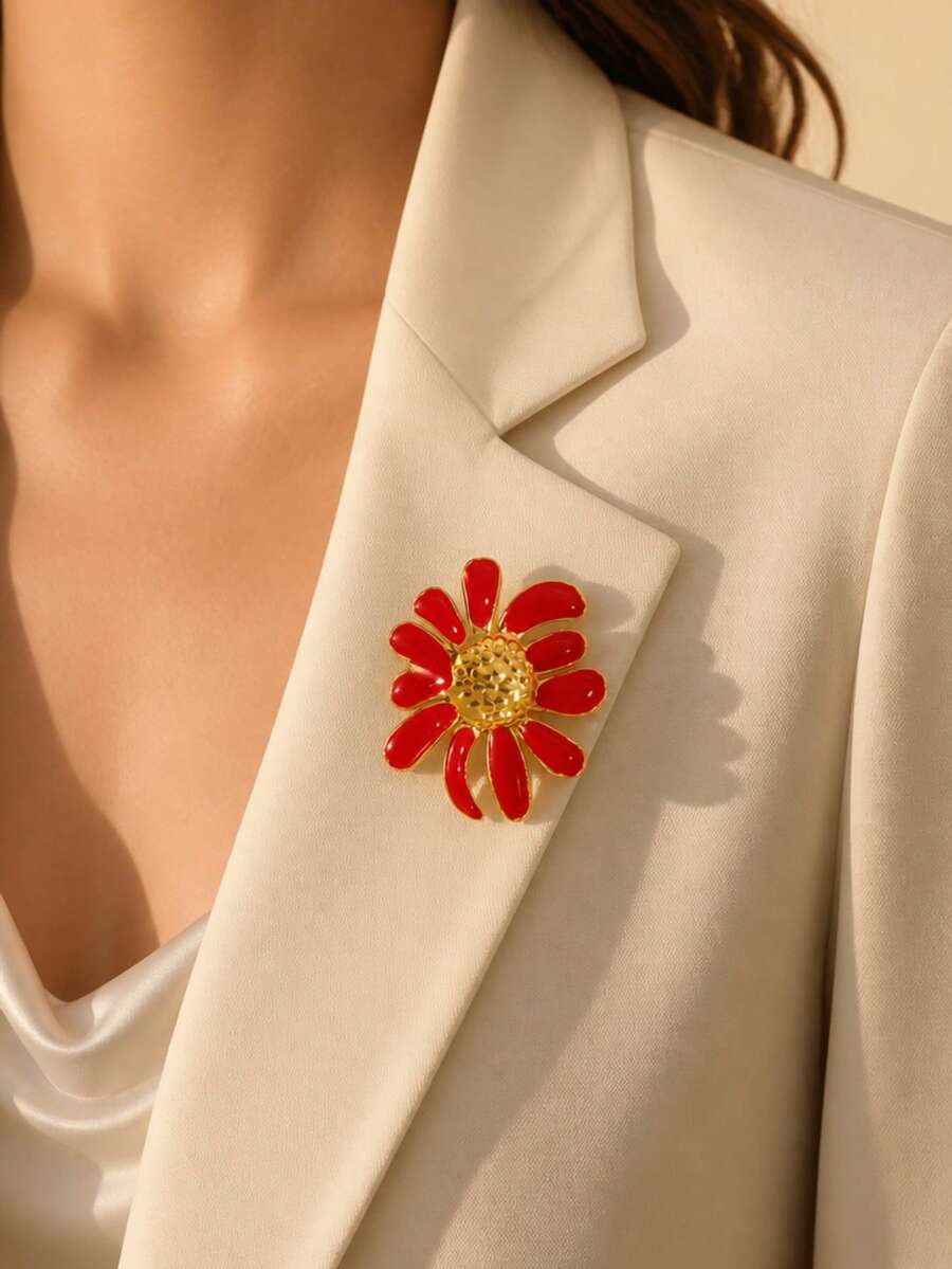 VceTd1PCS Fashion Vacation Style Colorful Enamel Daisy Decorated Stainless Steel Brooch, Suitable For Women To Wear On Vacation Or Party - Golden - View 1
