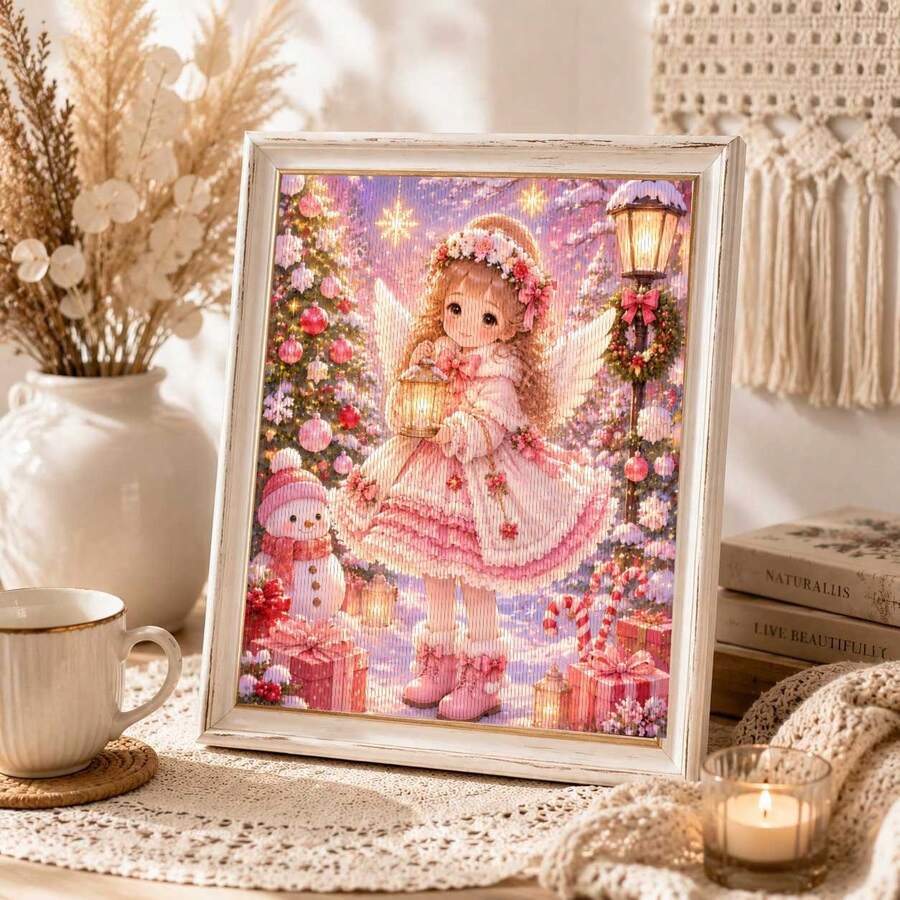 Kit de Pintura de Diamante 5D DIY com Perfuração Completa, Arte de Diamante Sem Moldura com Padrão de Menina Anjo de Natal Rosa com Lanterna e Boneco de Neve, Mosaico de Cena de Neve de Inverno Feito à Mão, Decoração de Parede Doméstica, Adequado para Adultos e Iniciantes como Presente de Feriado