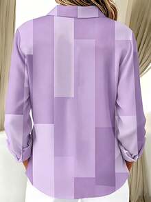 Vintage Casual Geometric Color Block Print Women's Plus Size Long Sleeve Button-Up Shirt - Mauve Purple - View 2