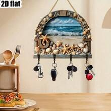 2D Ocean Theme Wooden Key Rack With Beach Scene Art, 11.8x9.8 Inches, 4 Metal Hooks, For Home, Garage, Kitchen, Garden Decor, Wall Mount Organizer, Coastal Style Hanger, Nautical Interior Design Accessories - Multicolor - View 1