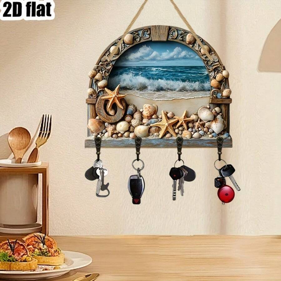 2D Ocean Theme Wooden Key Rack With Beach Scene Art, 11.8x9.8 Inches, 4 Metal Hooks, For Home, Garage, Kitchen, Garden Decor, Wall Mount Organizer, Coastal Style Hanger, Nautical Interior Design Accessories - Multicolor - View 1