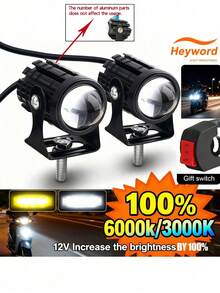 2pcs White + Yellow Motorcycle LED Headlight Mini Driving Lamp Fog Light 12V/24V Universal Dual-Color Projector Lens With Switch, Fit For ATV Scooter Auxiliary Spotlight Motorcycle Accessories - 黑色 - 查看 16