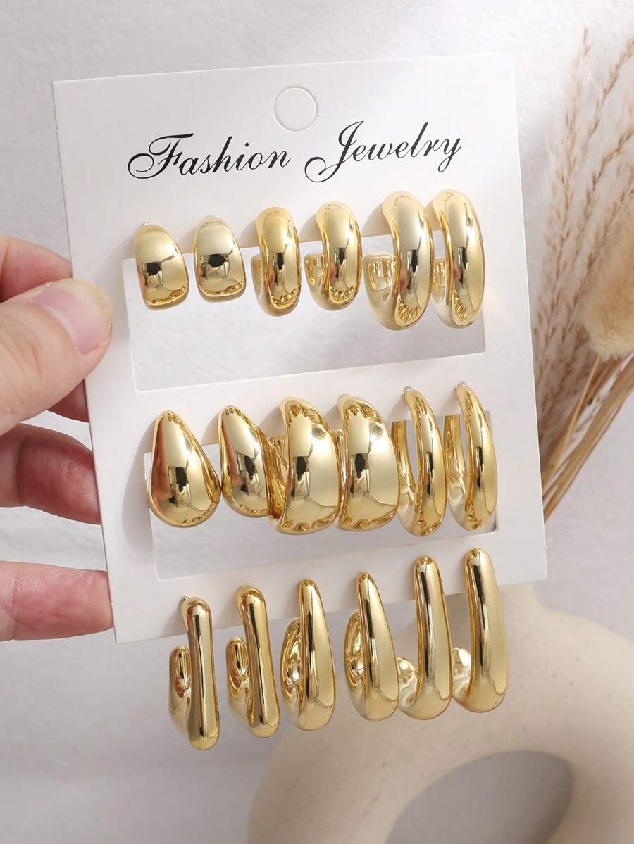 6-18pcs Fashionable Elegant Gold Metallic Tear-Drop Round Multi-Shape Mixed Earring Set, Lightweight CCB Material, For Girls Daily Wear - Gold - View 1