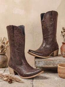 Brown Vintage Embroidered Women's Western Boots, V-Cut Pointed Toe Slimming Chunky Heel Outdoor Boots - Brown - View 3